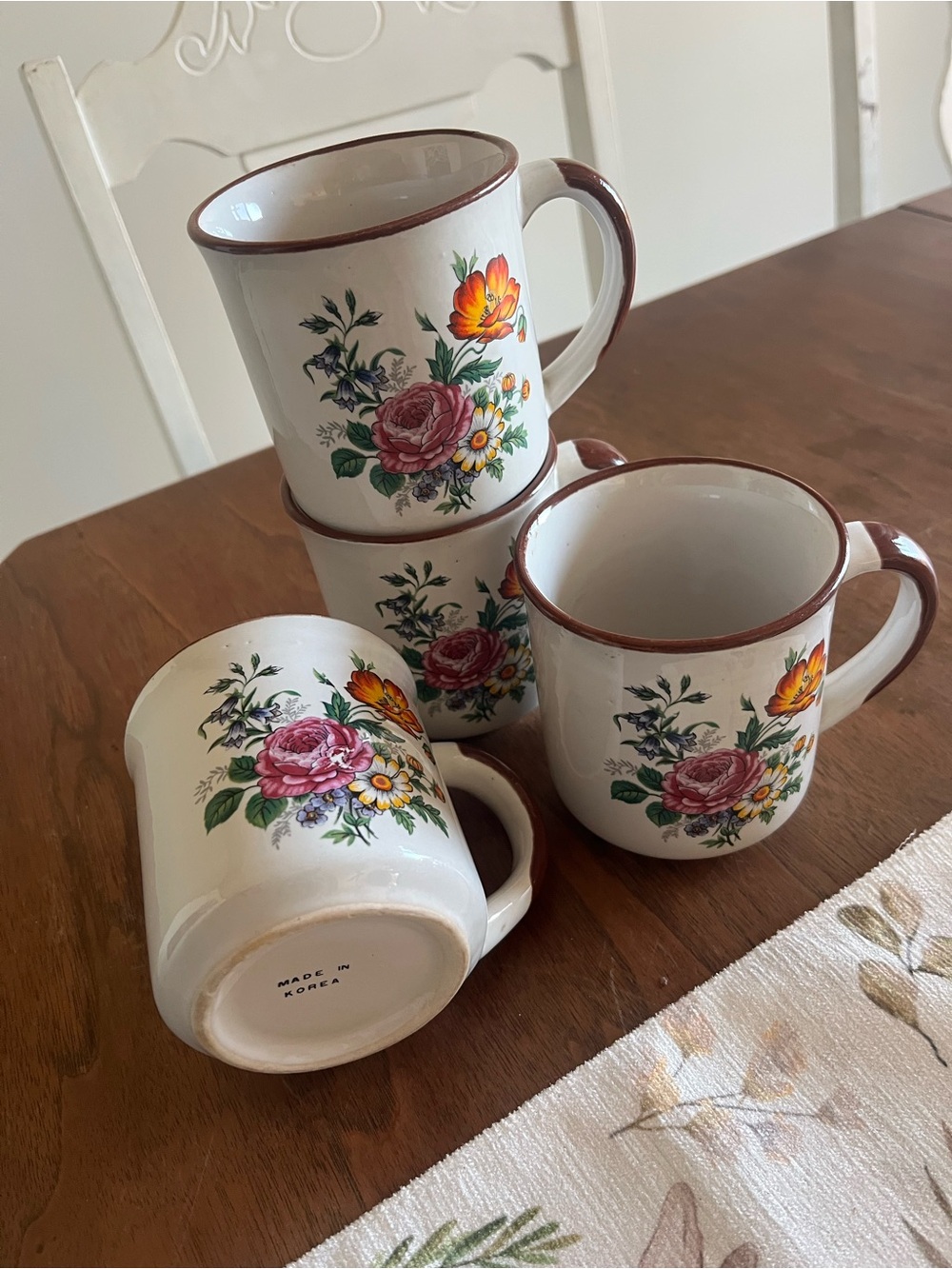 Vintage Floral Stoneware Coffee Mugs - (Set of 4)